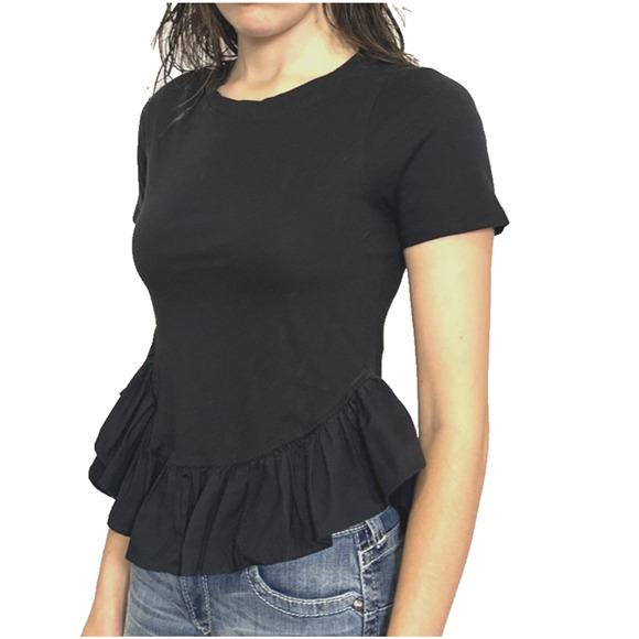 Maeve Anthropologie Black Tee Shirt Ruffle-Hem‎ Peplum Short Sleeve Top Size XXS - Picture 1 of 10